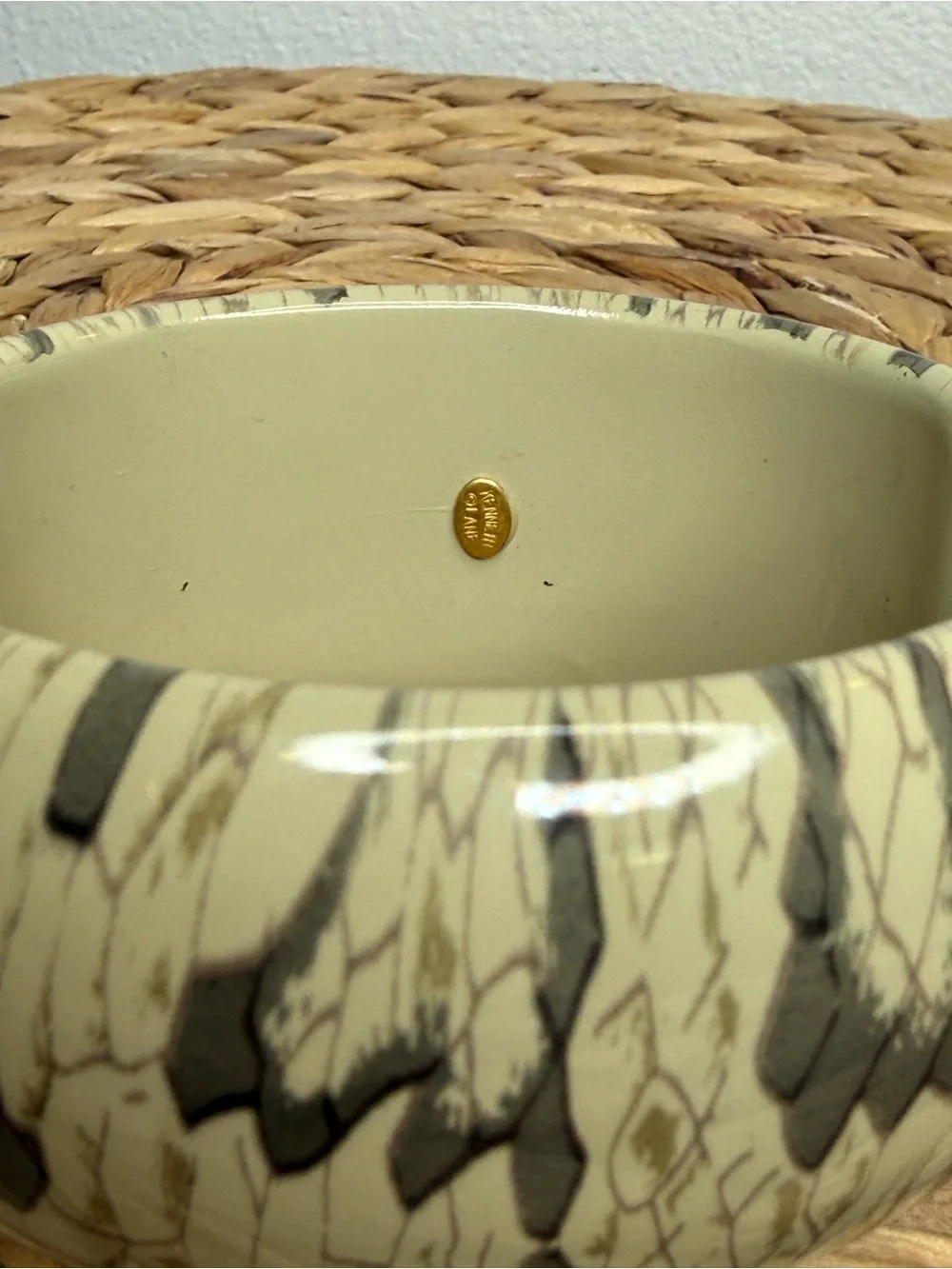 Vintage Kenneth Jay Lane Bangle Snake Python Print Cream Gray Patterned Bracelet